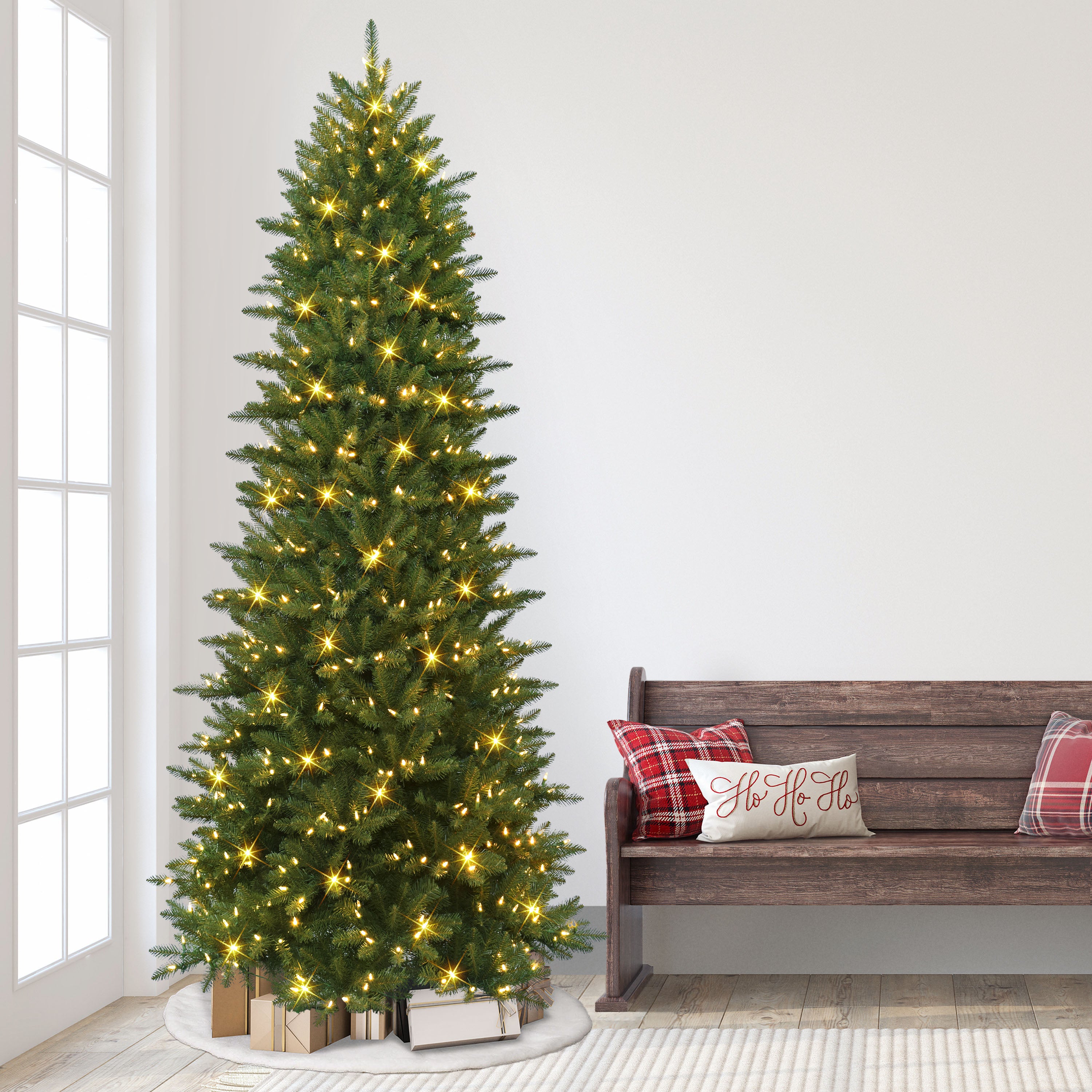 10ft Pre-lit Slim Fraser Fir Tree 800 Dual Color LED Lights UL Listed Adaptor On/Off Foot Pedal Metal Stand Green